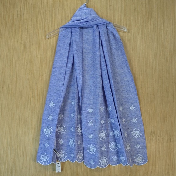 Talbots Womens Scarf Blue Embroidered Floral Scalloped Trim Cotton Blend New - Picture 2 of 6